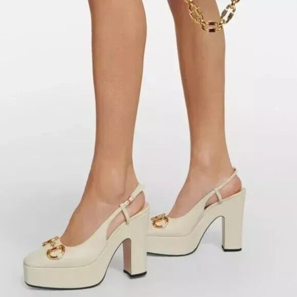 Gucci Horsebit Platform Slingback Pumps White Leather NIB $1,199 - Picture 2 of 9